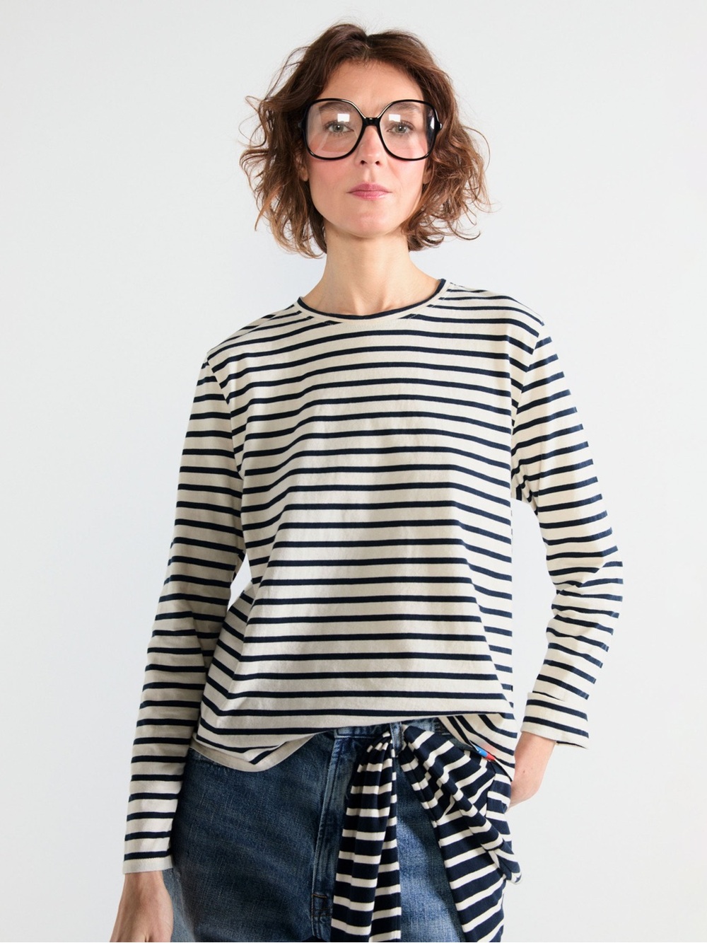 KULE The Striped Modern Long Sleeve Tee Cream Navy Size XXL